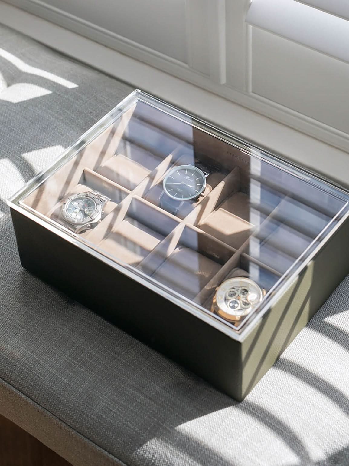 Stackers Achtdelige Horlogebox met doorzichtig deksel Olijfgroen - Mystackers