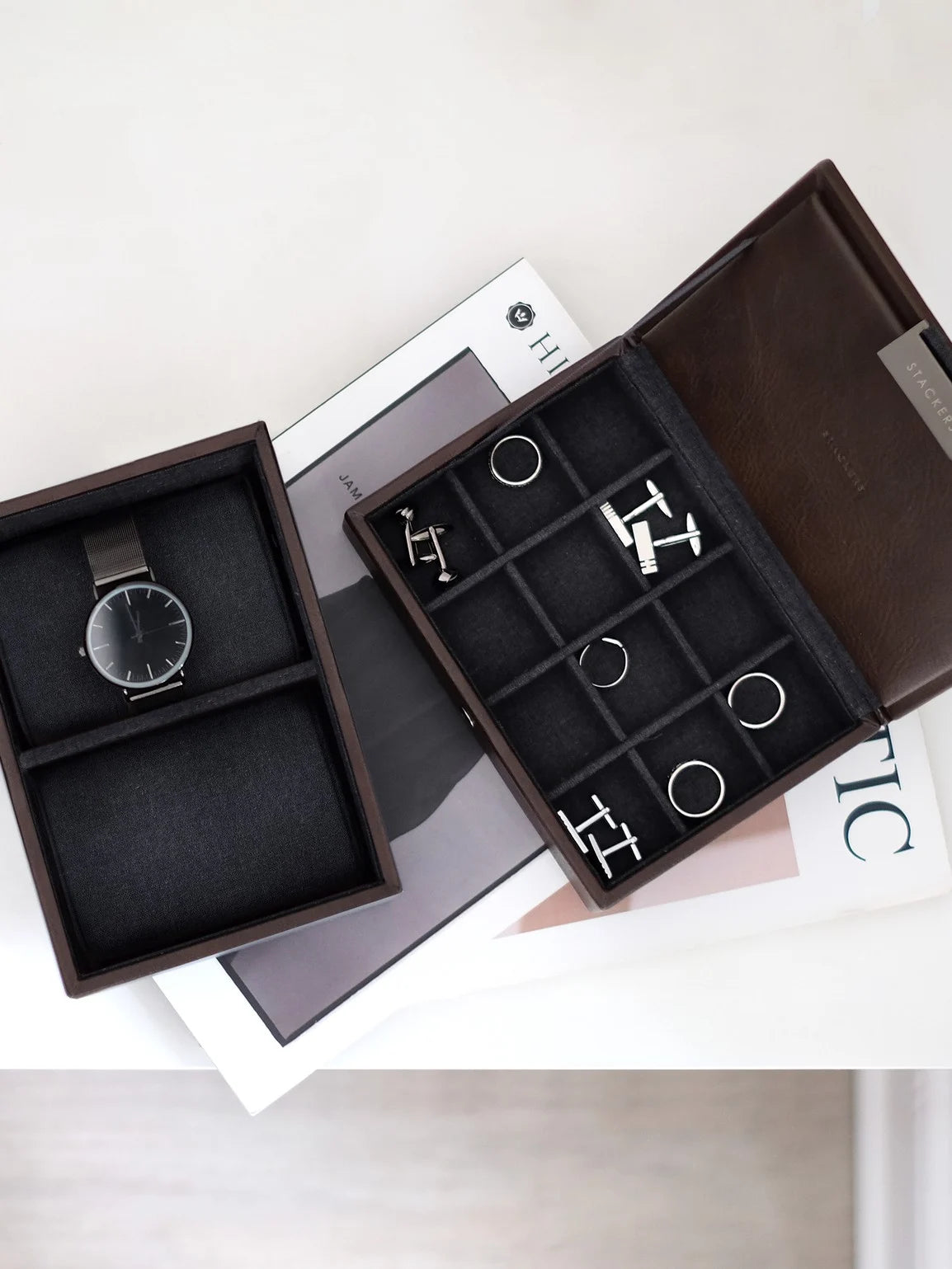 Stackers Mini Set of 2 - Watch & Cufflinks Box Brown
