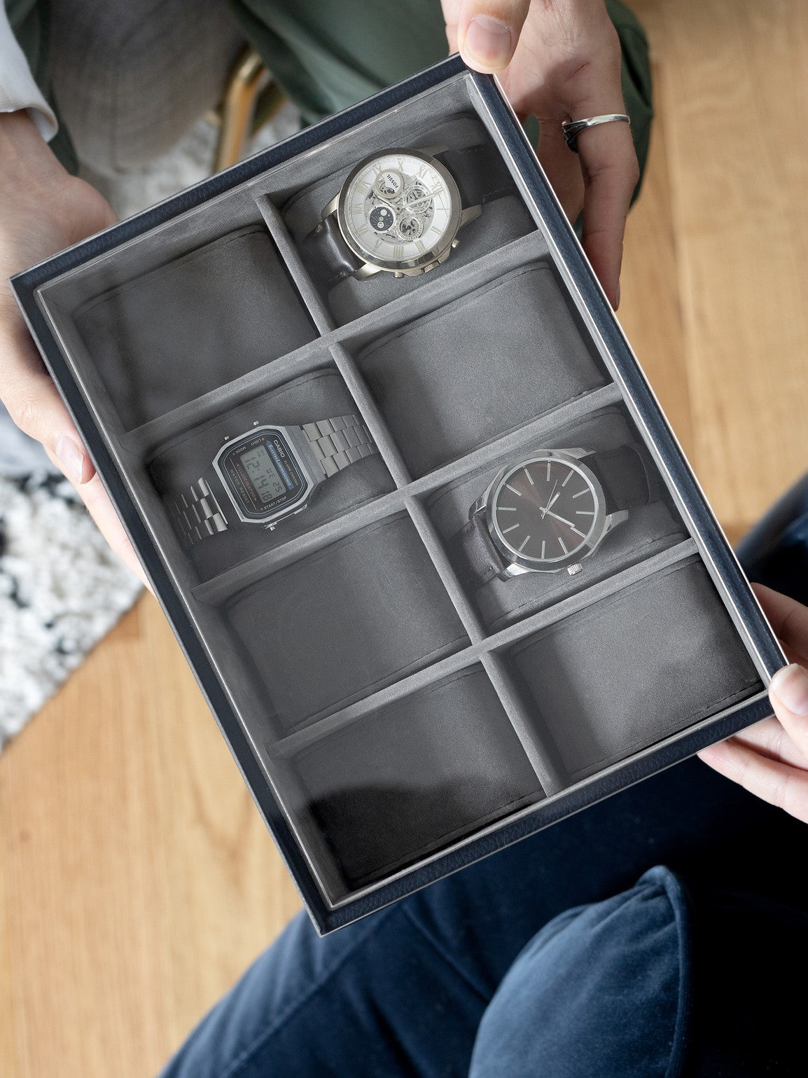 Stackers Achtdelige Horlogebox met doorzichtig deksel Marineblauw