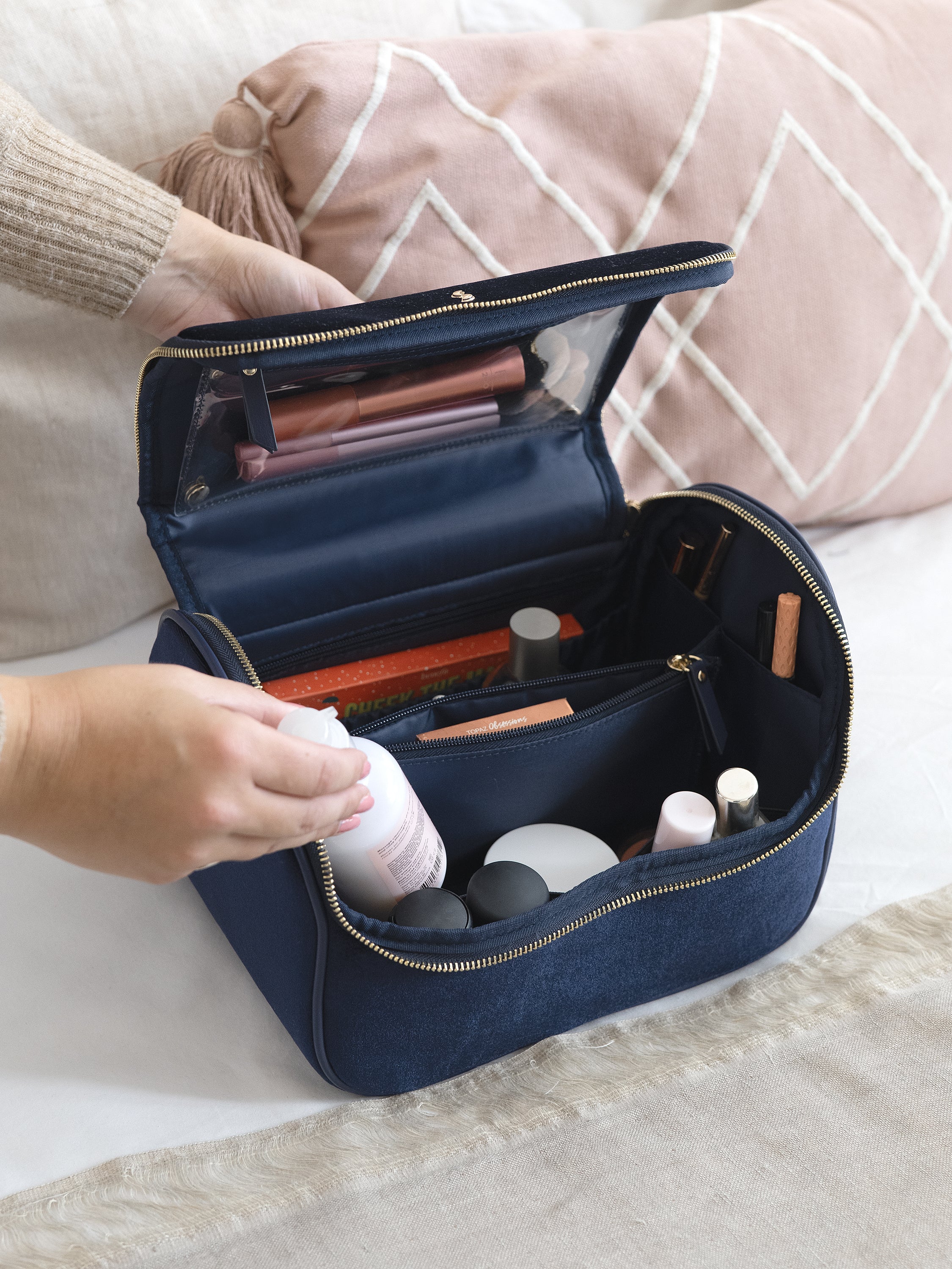 Stackers Grote Cosmeticacase Marineblauw Fluweel