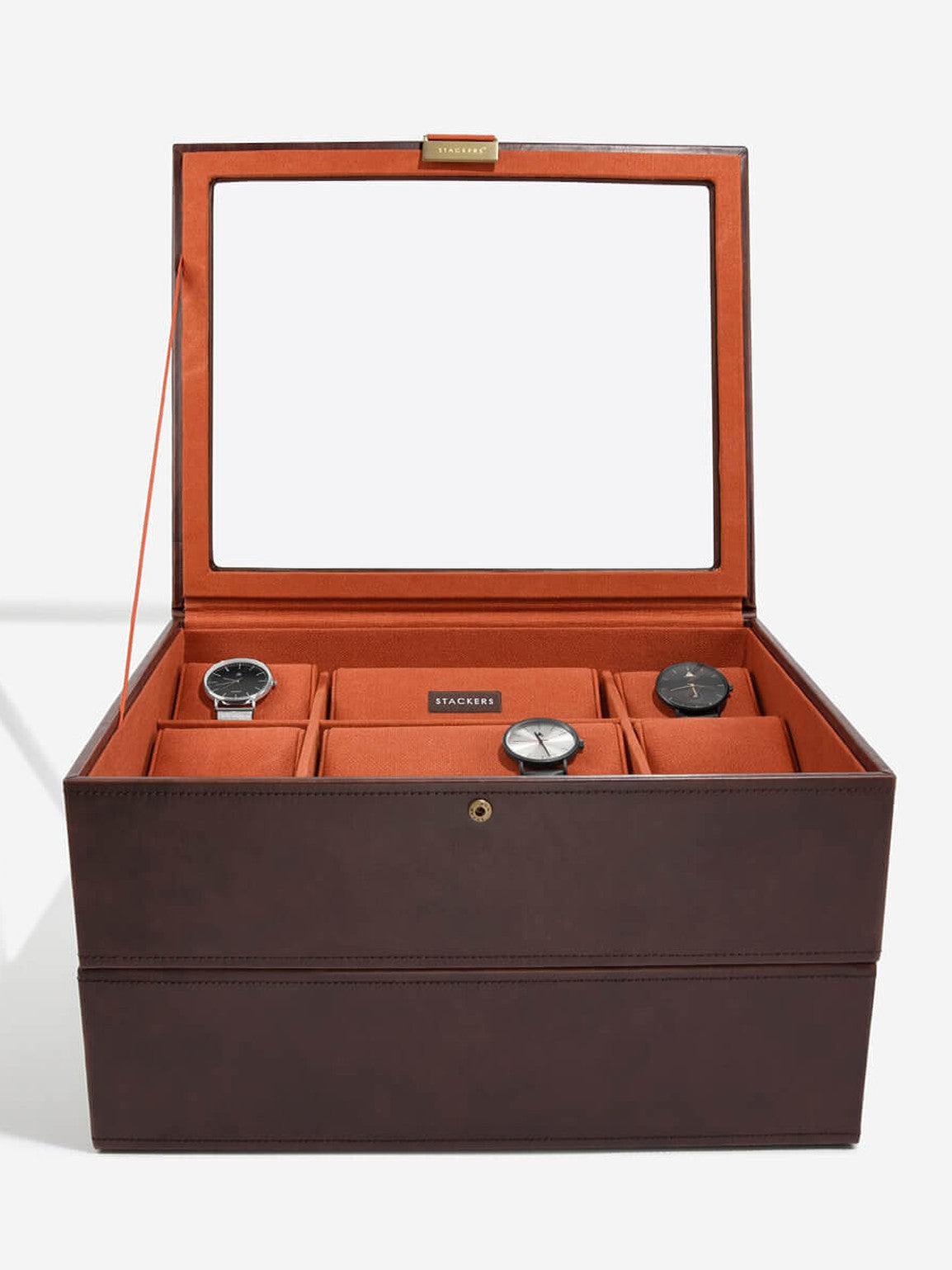 Stackers Vijftiendelige Horlogebox Bruin & Oranje Deksel + Horlogelaag