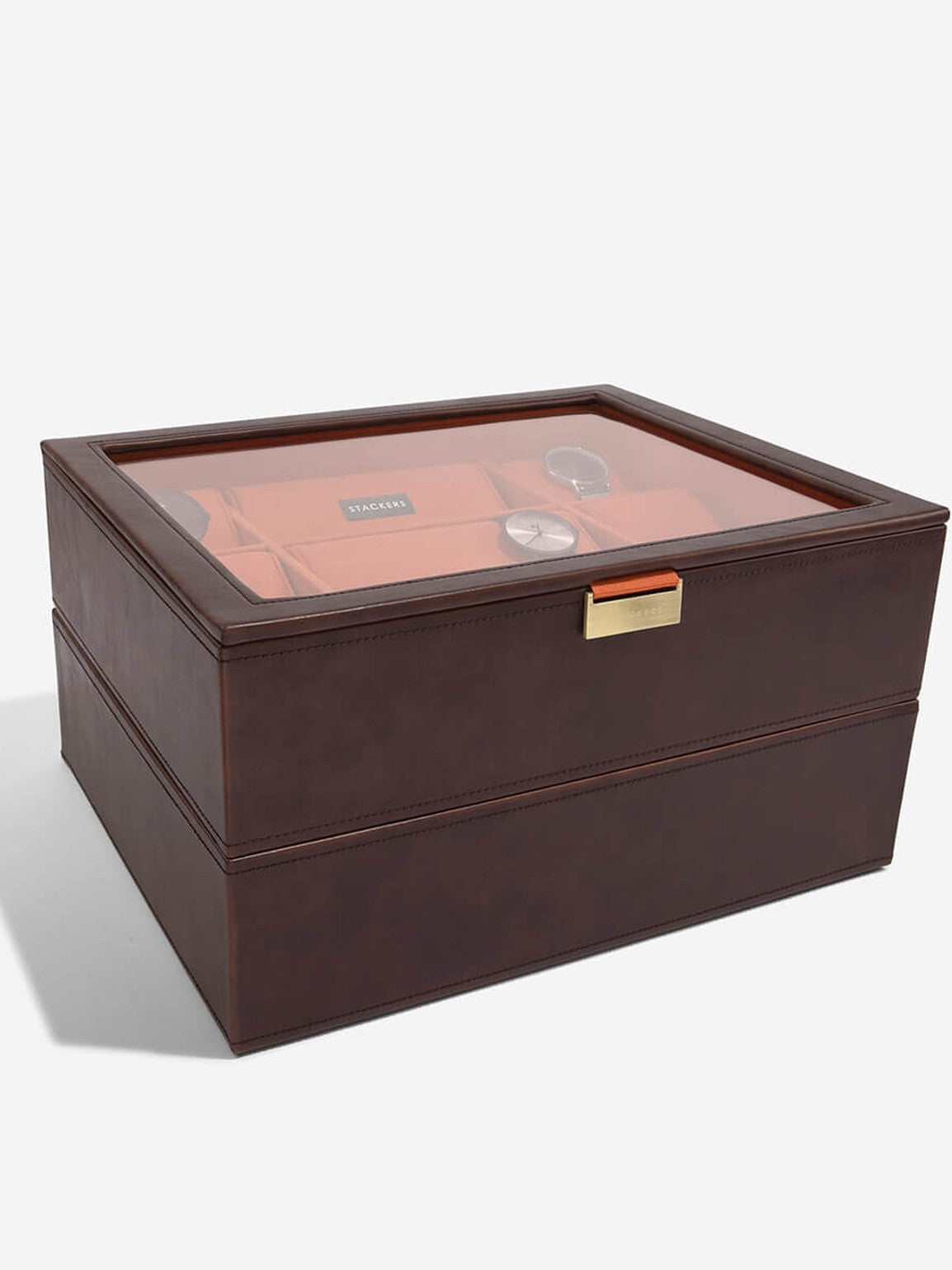 Stackers Vijftiendelige Horlogebox Bruin & Oranje Deksel + Horlogelaag
